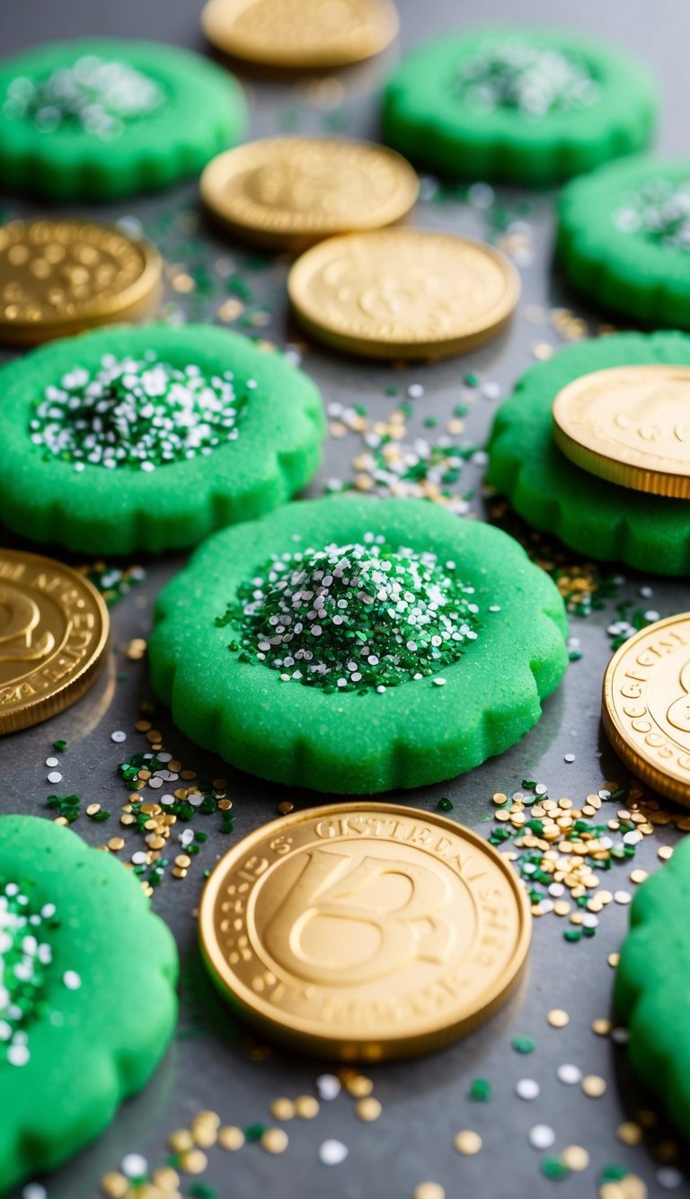 Gold coins and glitter sprinkles scattered on green sugar cookies