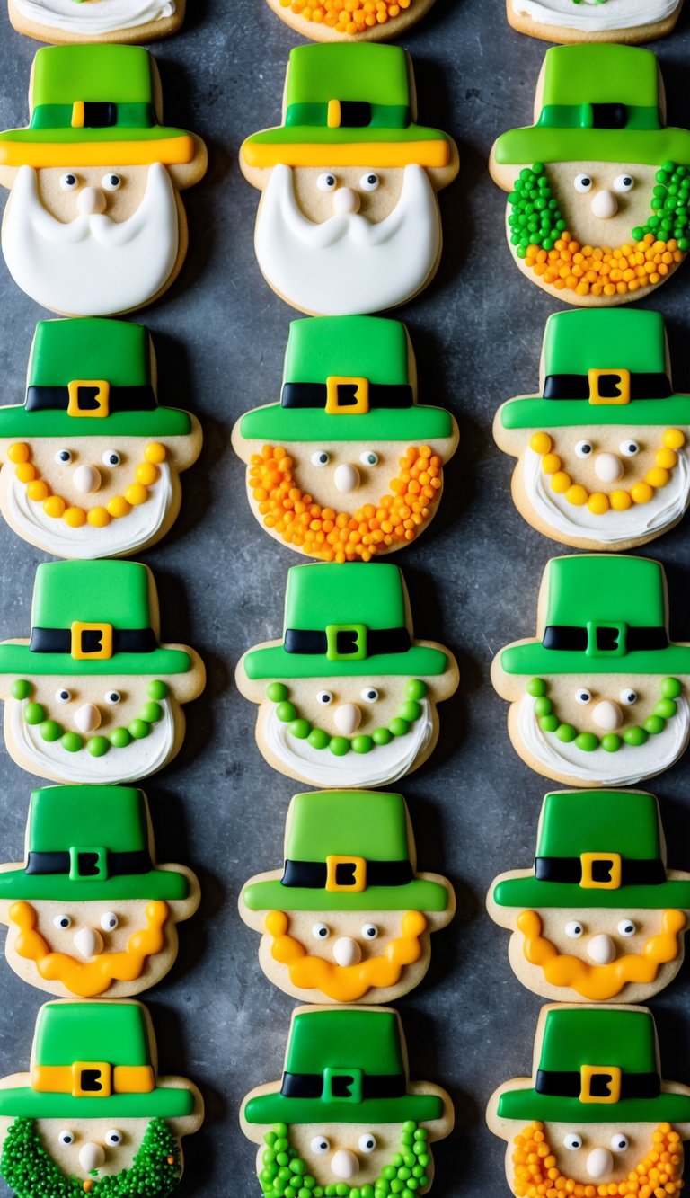 A festive array of sugar cookies adorned with leprechaun hat toppers in various colorful and creative designs for St. Patrick's Day