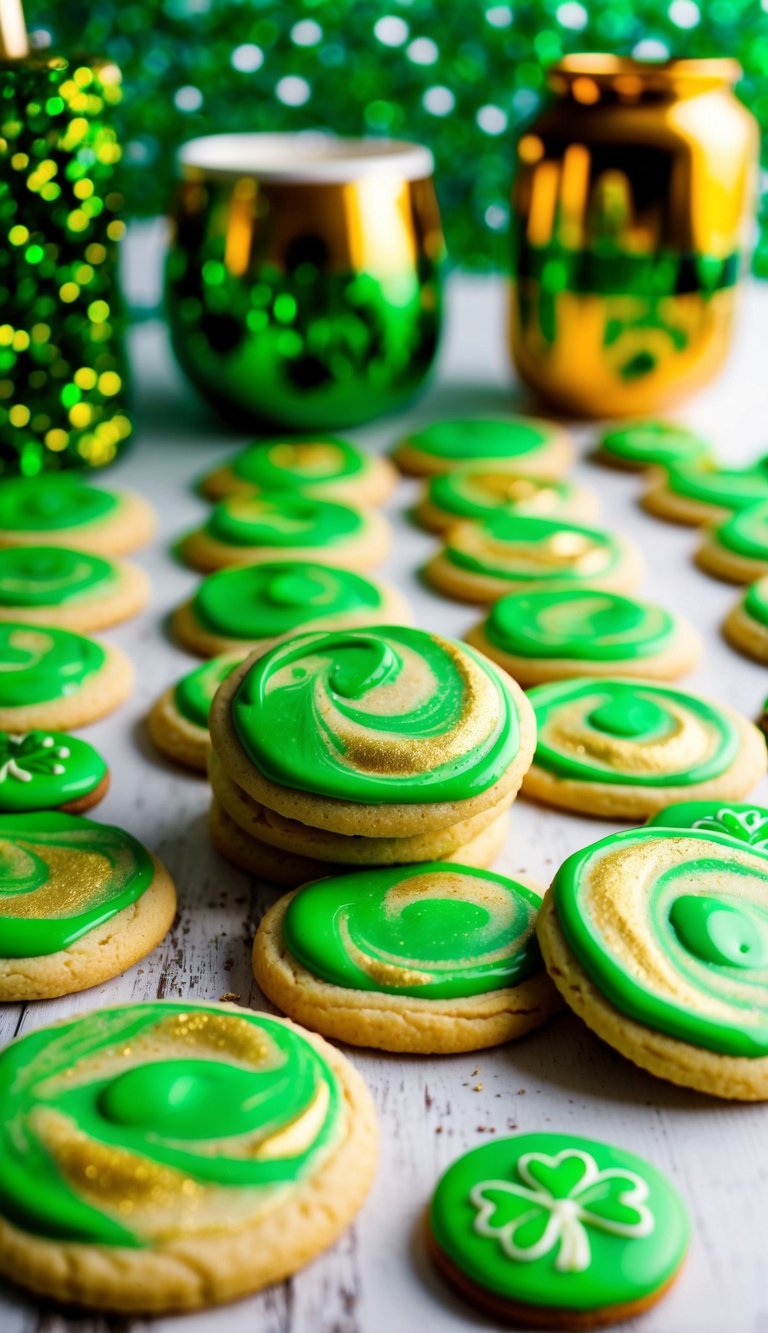 A batch of sugar cookies with green and gold marbled glaze arranged on a festive St. Patrick's Day-themed table