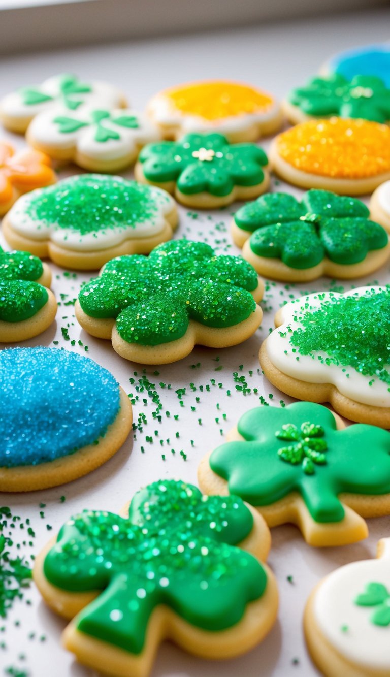 Rainbow sugar crystals sprinkled on a variety of decorated sugar cookies for St. Patrick's Day