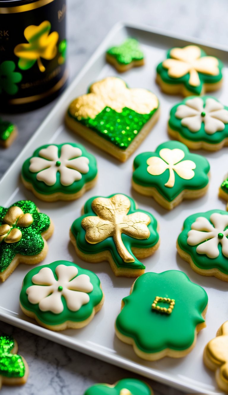 Edible gold leaf adorns festive St. Patrick's Day sugar cookies in 17 unique designs