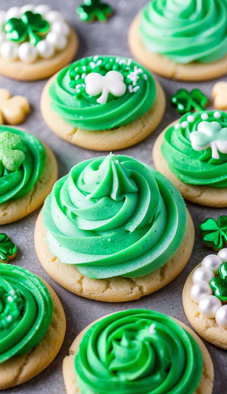 Green mint-flavored frosting swirls atop a batch of St. Patrick's Day sugar cookies, each uniquely decorated in 17 different ways