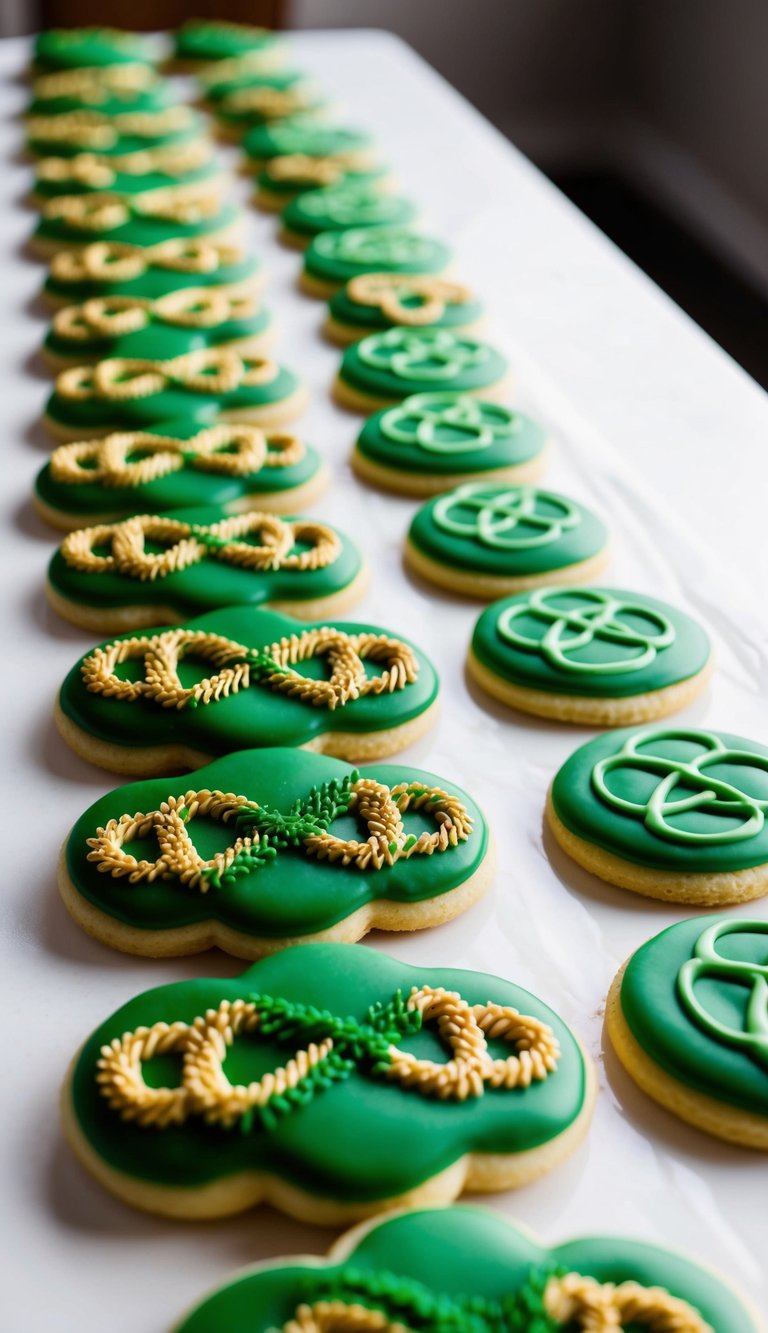 A table covered in green sugar cookies, each adorned with intricate Celtic knot icing patterns in various shades of green and gold