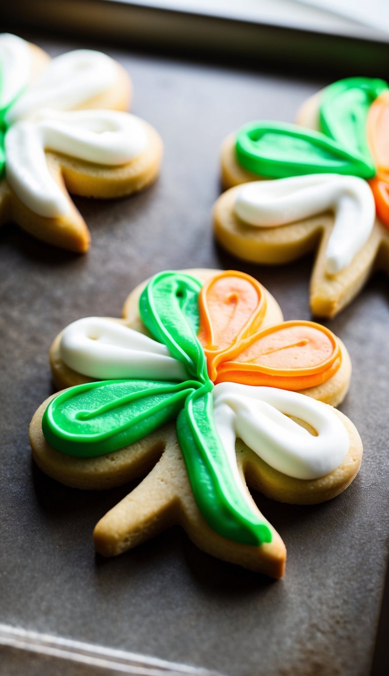 A sugar cookie decorated with tri-color piping to resemble the Irish flag