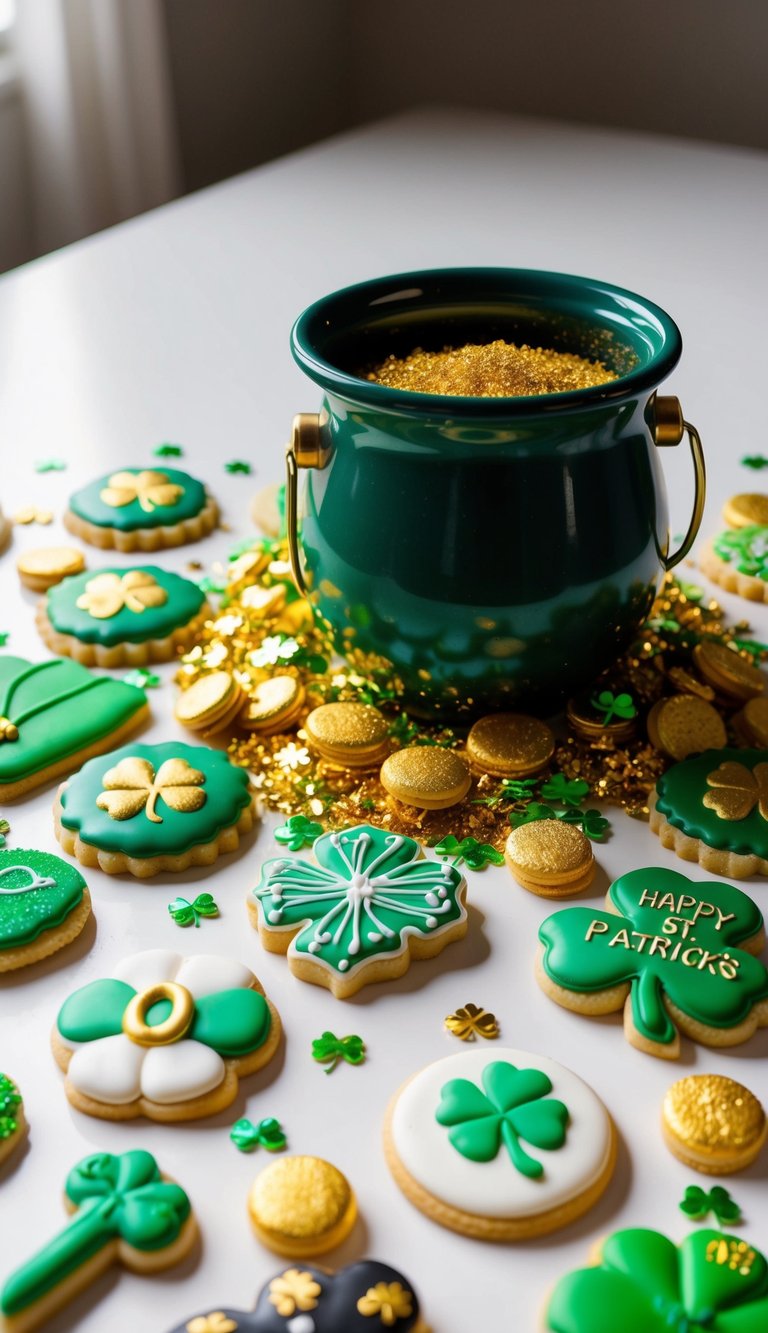 A pot of gold sugar decorations scattered on a table, surrounded by freshly baked sugar cookies decorated in 17 unique St. Patrick's Day themes