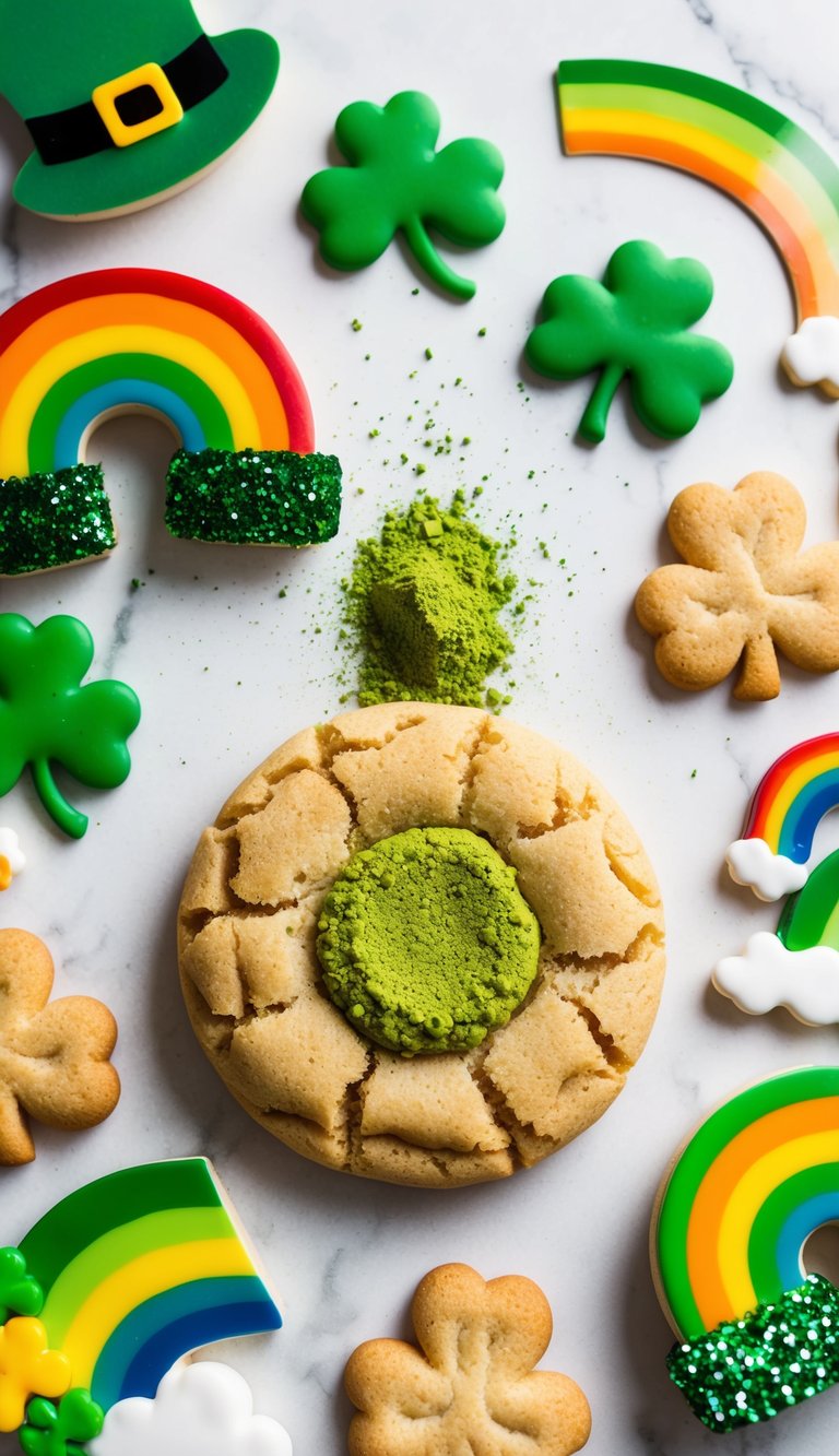 A sprinkle of matcha powder on a freshly baked sugar cookie, surrounded by various St. Patrick's Day themed decorations like shamrocks, rainbows, and leprechaun hats