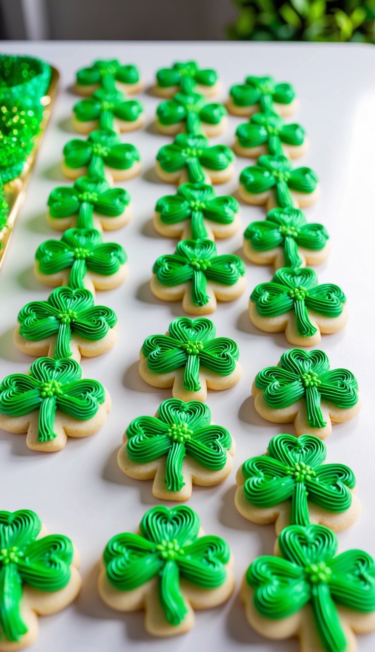 A table adorned with 17 piped shamrock wreaths on sugar cookies for St. Patrick's Day