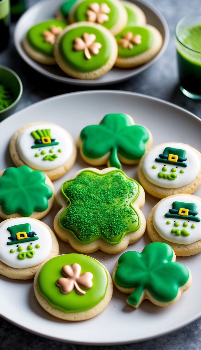 A plate of sugar cookies with green tea matcha icing in various St. Patrick's Day themed designs