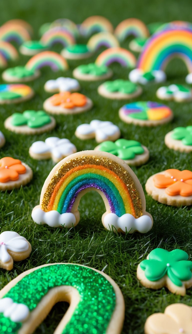 Edible glitter rainbows cascade over a field of sugar cookies, each decorated in a unique St. Patrick's Day theme