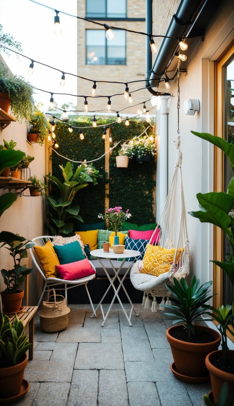 A cozy small patio with potted plants, string lights, colorful cushions, a small bistro set, and a hanging hammock chair