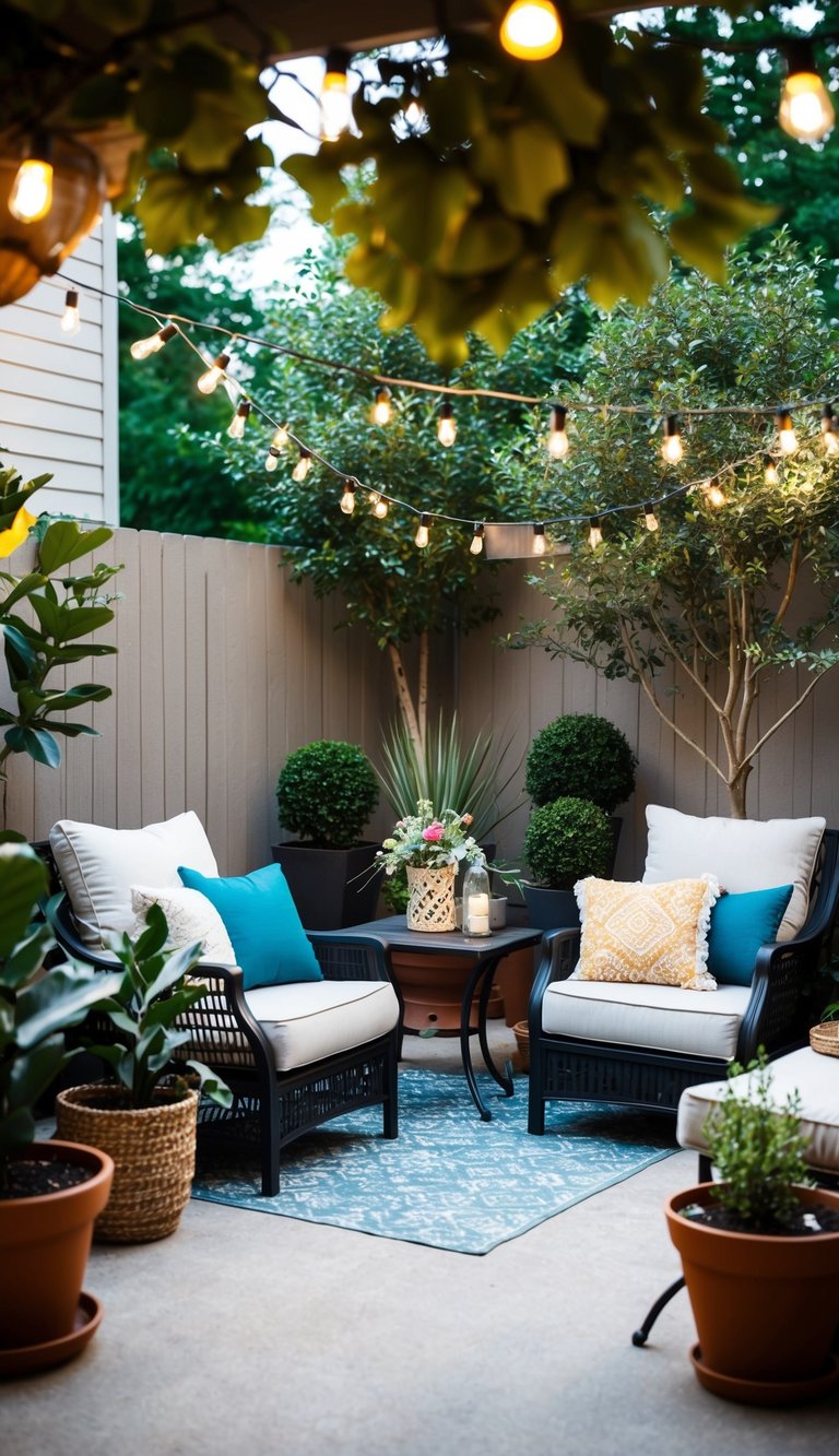 A cozy patio with potted plants, string lights, and comfortable seating arrangements. A small table with a decorative centerpiece completes the inviting space