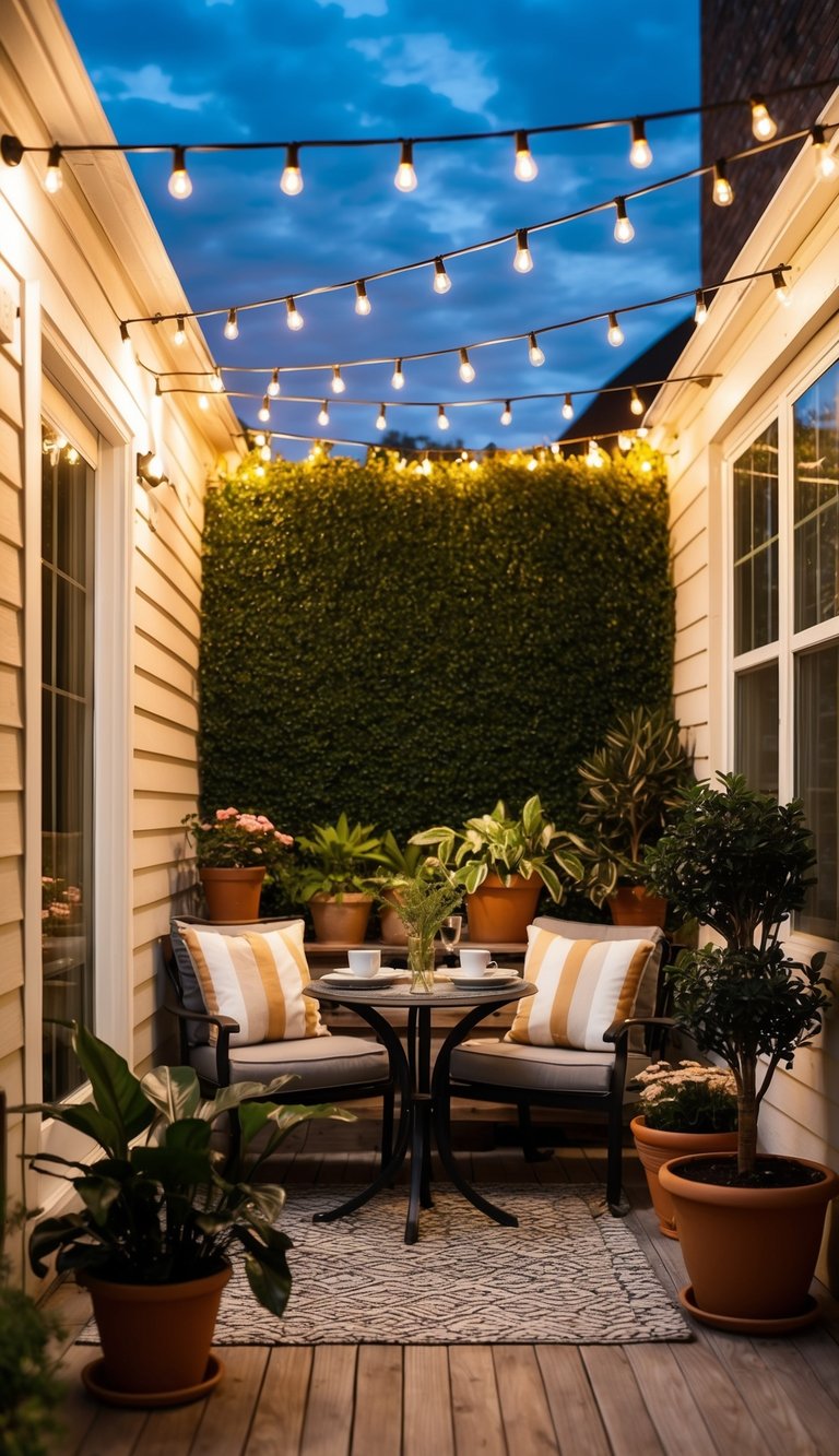 A cozy small patio with string lights, potted plants, comfortable seating, and a small table set for two