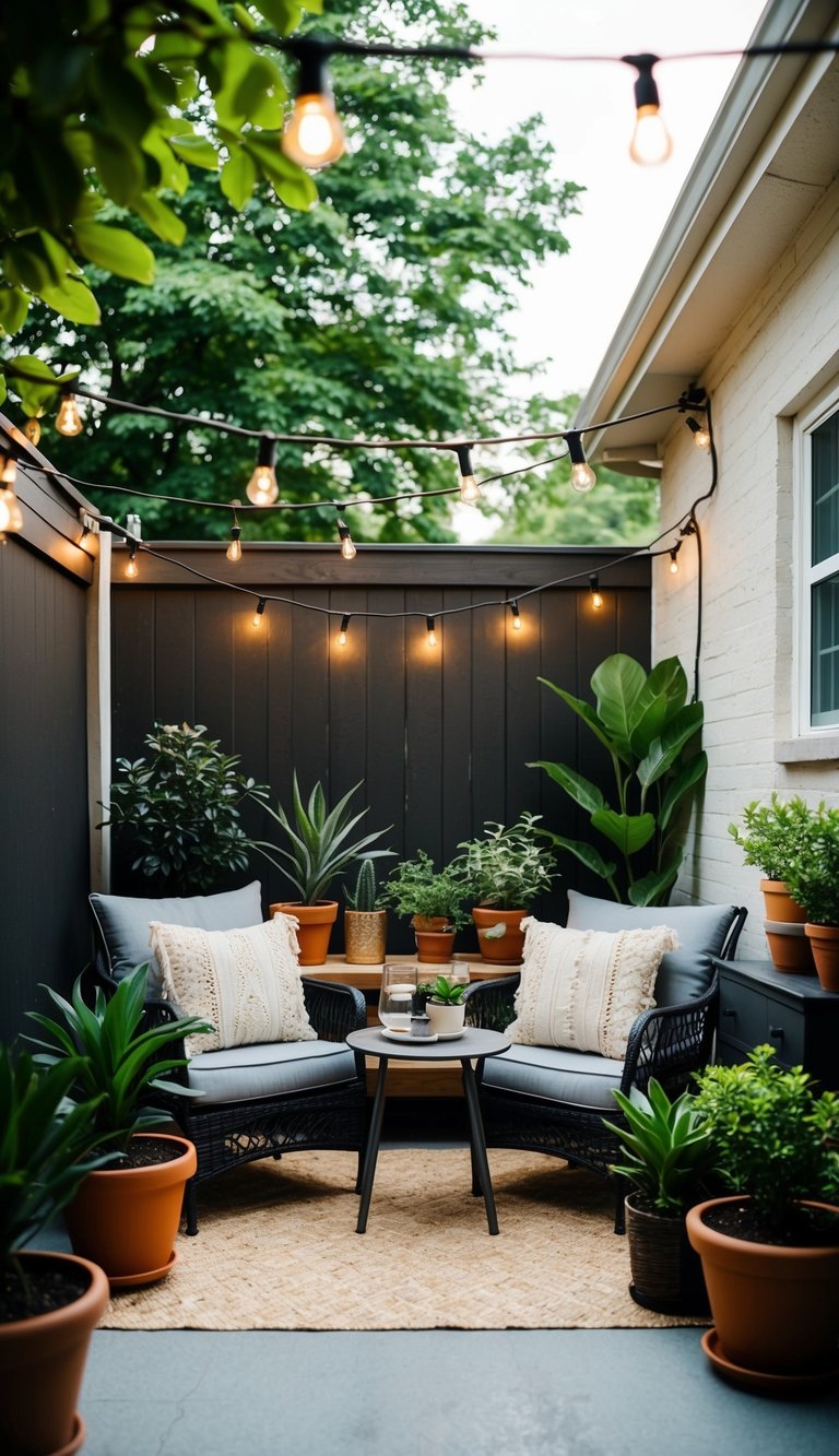 A small patio with cozy seating, potted plants, string lights, and a small table for dining or relaxing