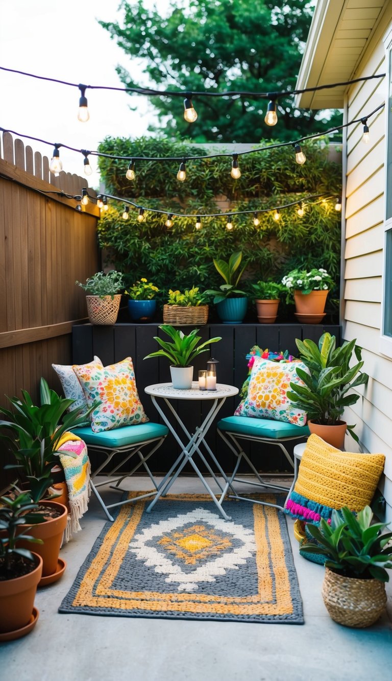 A small patio adorned with potted plants, string lights, colorful throw pillows, and a cozy outdoor rug. A bistro set with a small table and chairs completes the inviting space