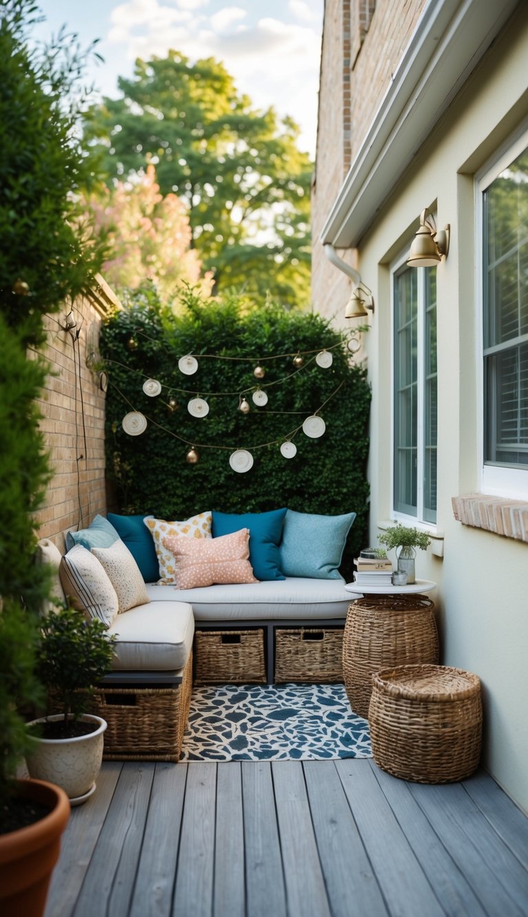 A cozy, small patio with clever storage solutions and tasteful decor