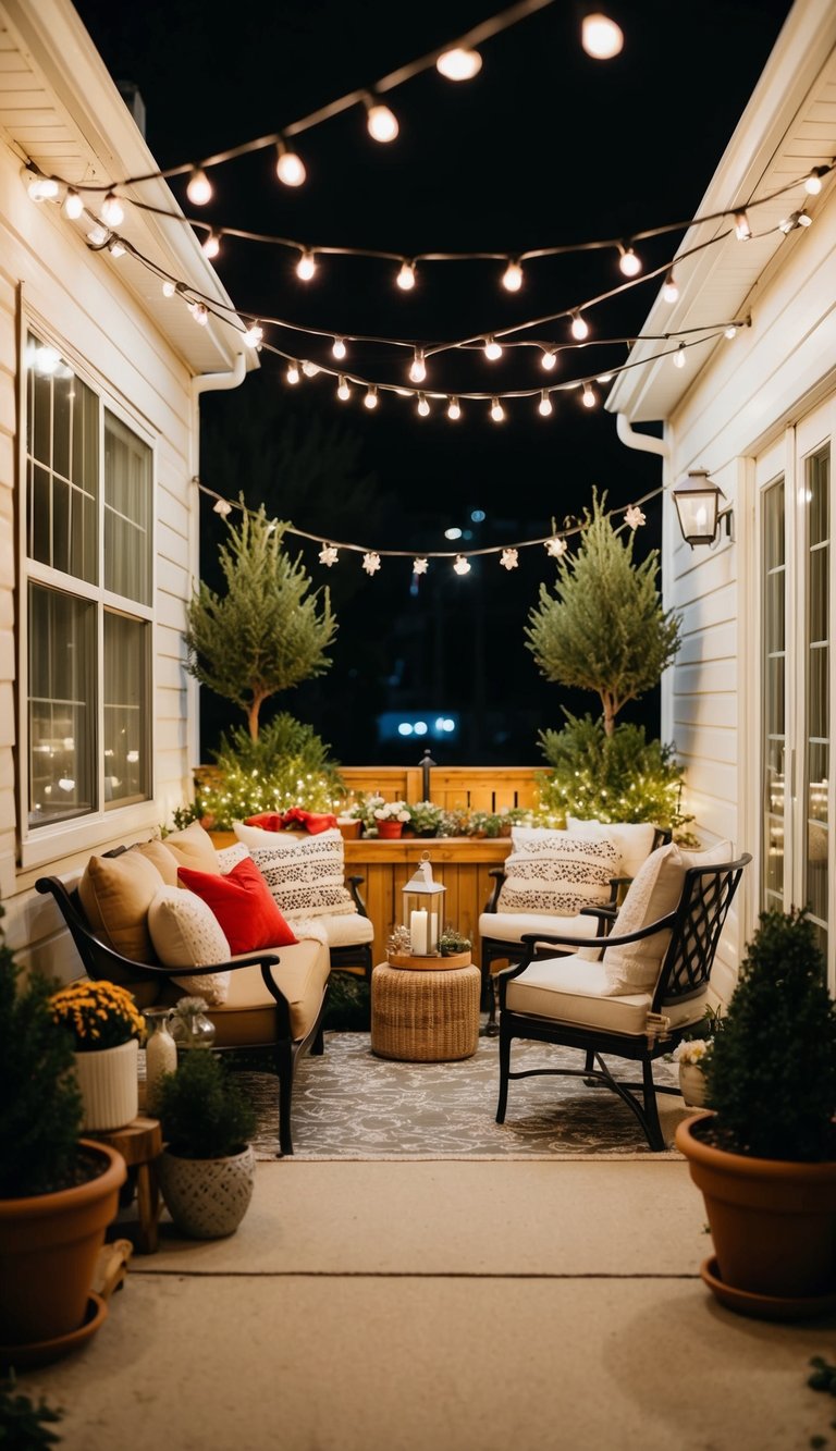 A small patio adorned with seasonal decorations and cozy furniture, surrounded by potted plants and twinkling string lights