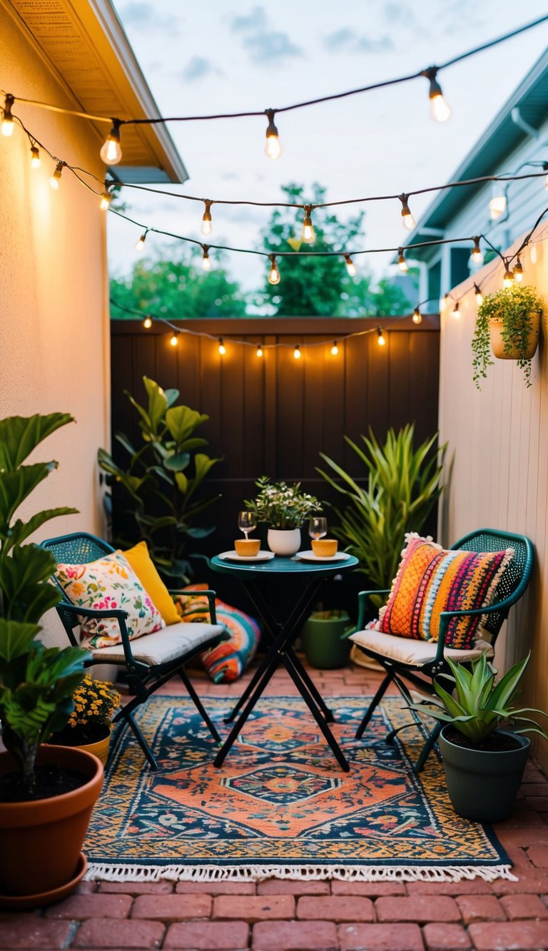 A cozy patio with potted plants, string lights, a small bistro set, colorful throw pillows, and a patterned outdoor rug