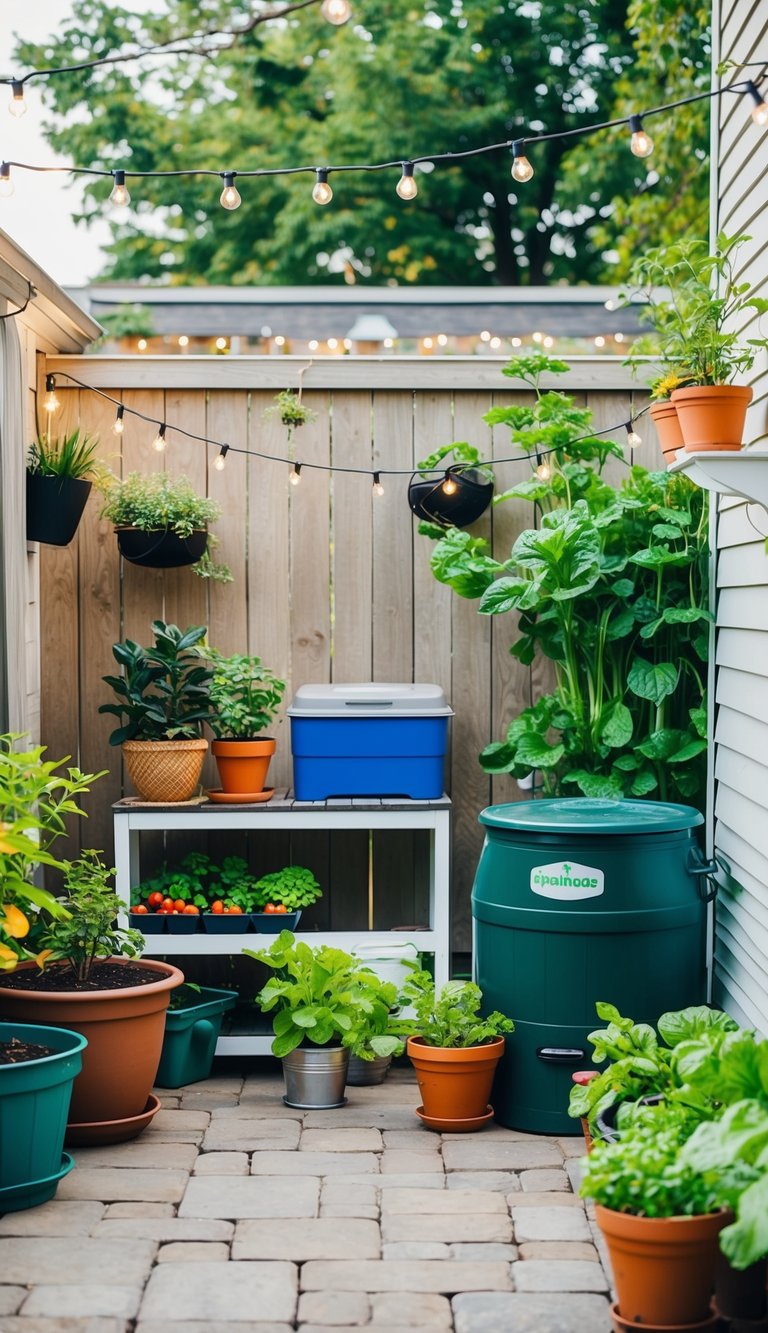 A small patio adorned with potted plants, a compost bin, solar-powered string lights, a rain barrel, and a small vegetable garden