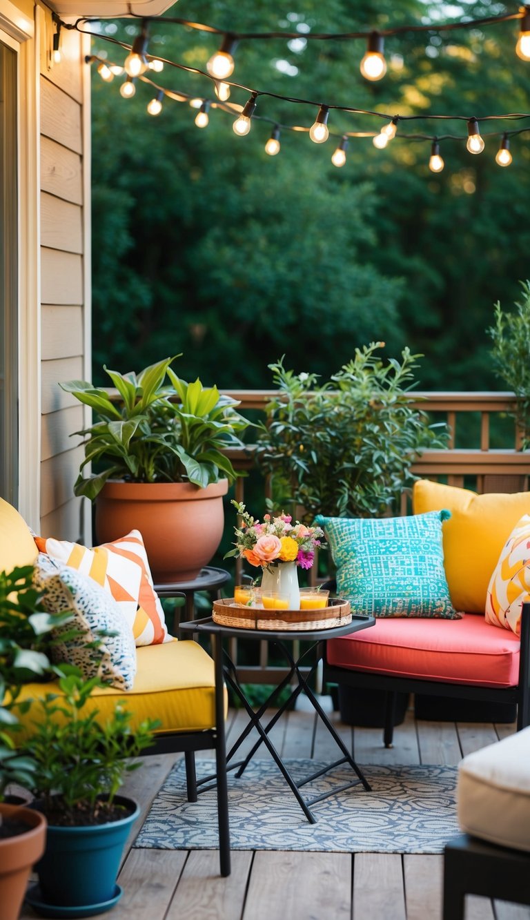 A cozy patio with potted plants, string lights, and colorful cushions on the furniture. A small table with a vase of flowers and a tray of refreshments