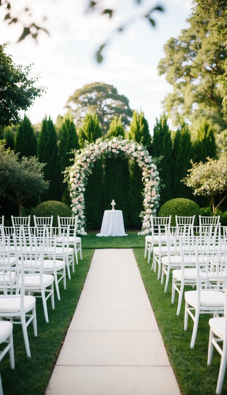 A beautiful garden with rows of white chairs arranged in a semi-circle around a floral archway, with a pathway leading to the altar