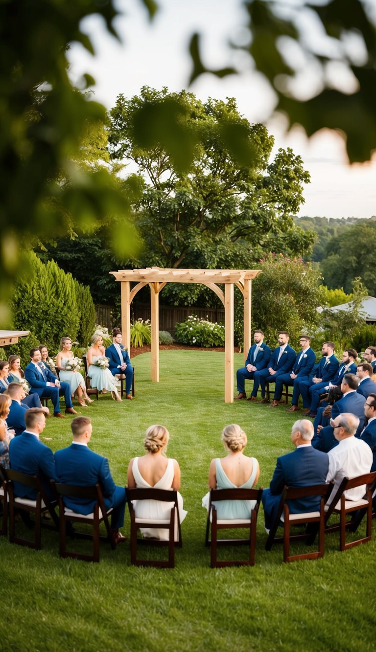 A circular seating arrangement around a central arbor for a backyard wedding ceremony