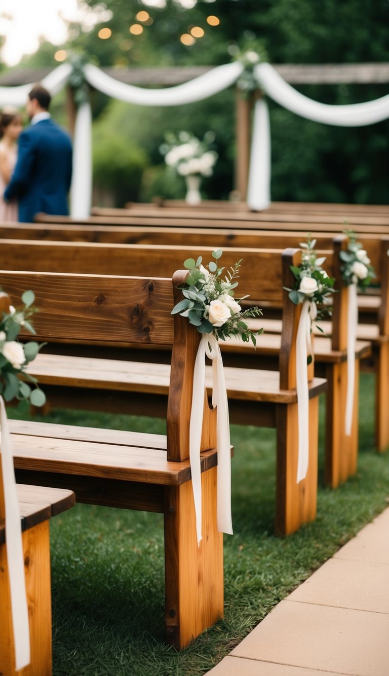 Rustic wooden benches adorned with aisle decorations for a backyard wedding ceremony