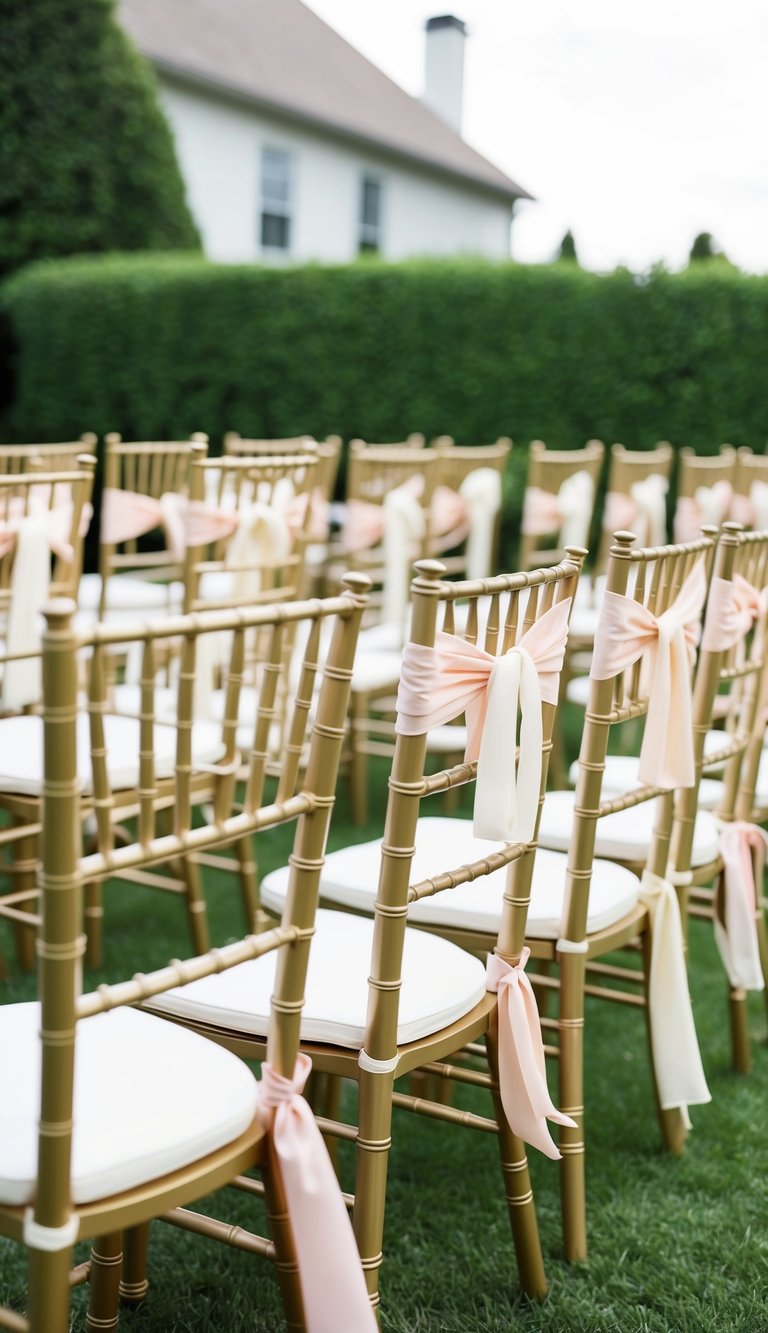 Chiavari chairs arranged in a semi-circle, each with a pastel sash tied neatly around the back, set up for a picture-perfect backyard wedding ceremony