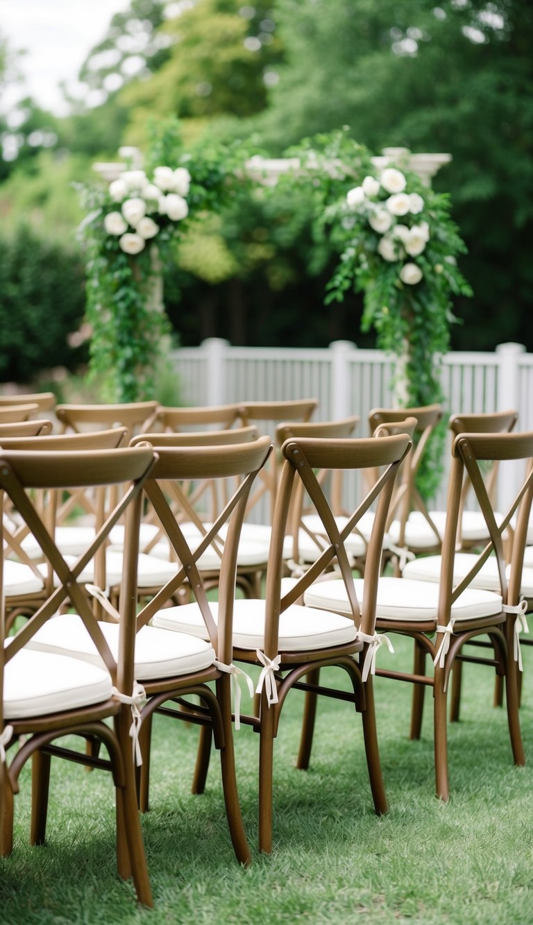 Cross-back chairs arranged in a semi-circle with lush greenery accents, set against a backdrop of a serene backyard wedding ceremony