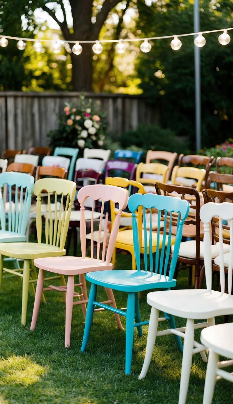 A variety of vintage chairs in different colors and styles arranged in a charming backyard setting for a wedding ceremony