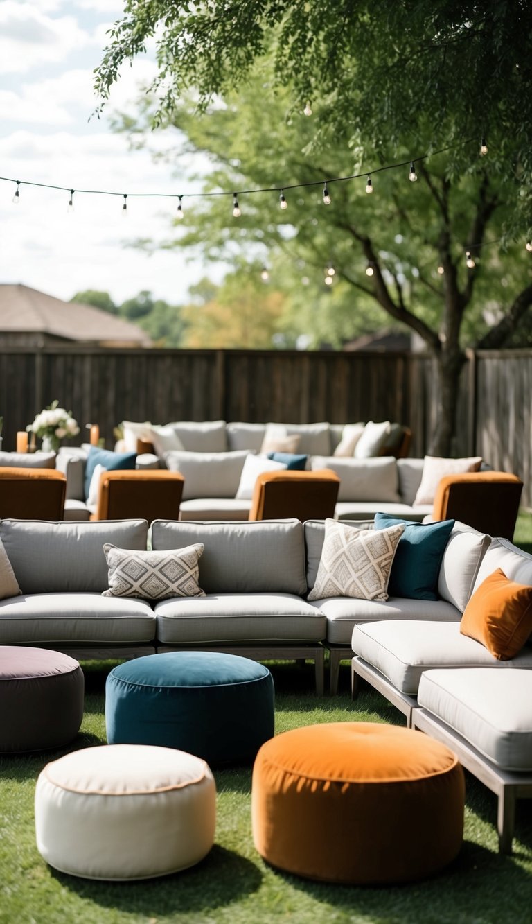 Sofas and poufs arranged in a lounge-style seating for a backyard wedding ceremony