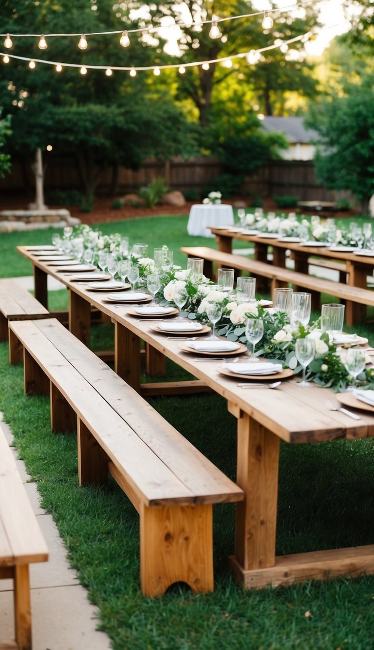 Rustic farm tables with bench seating arranged in a picturesque backyard for a wedding ceremony