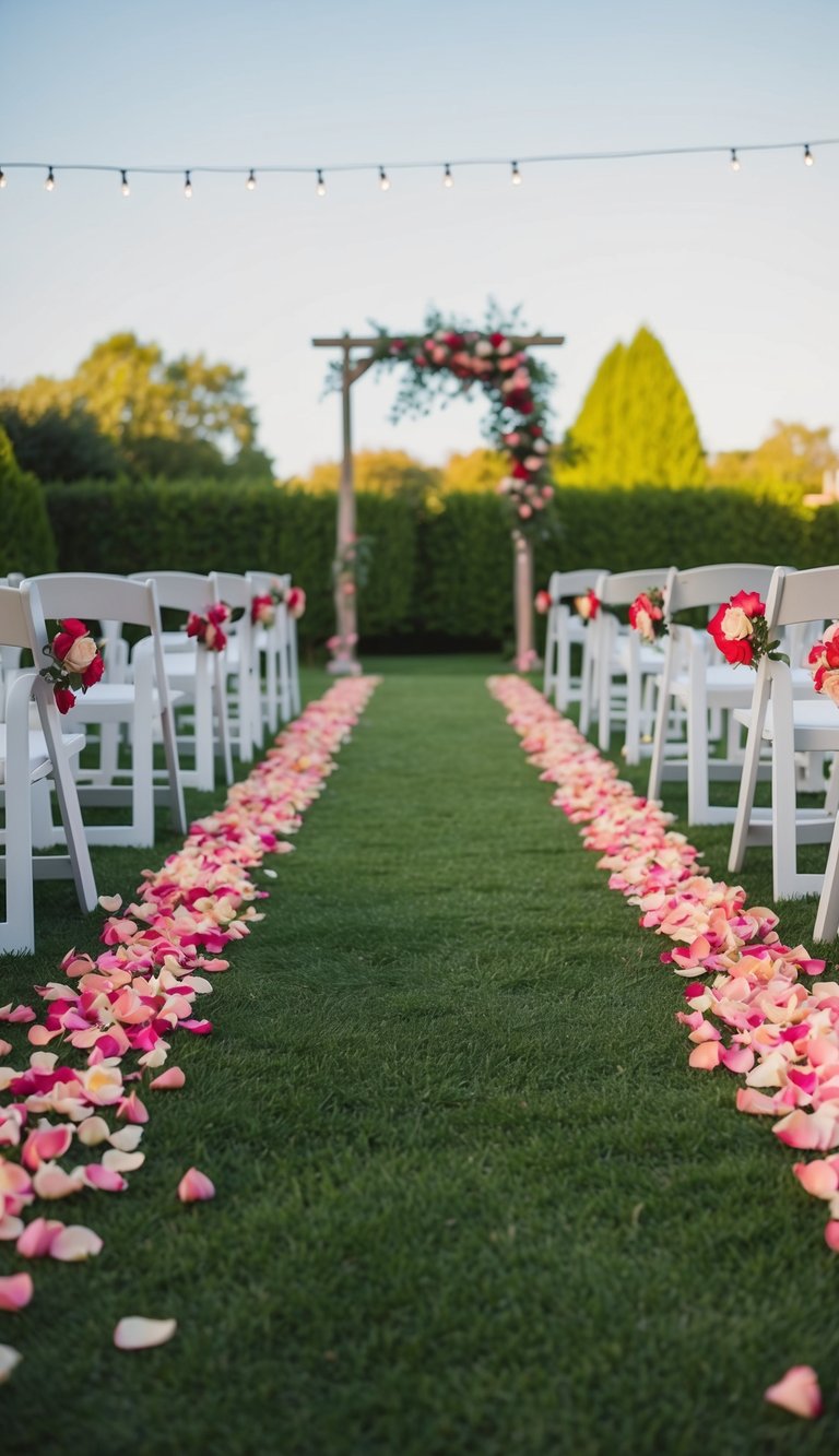 Rose petal-lined aisle to white chairs for backyard wedding ceremony