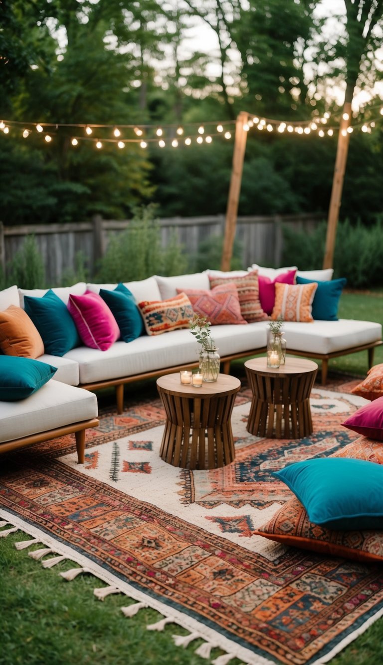 Bohemian-style rugs with scattered cushions create a cozy seating area for a picture-perfect backyard wedding ceremony