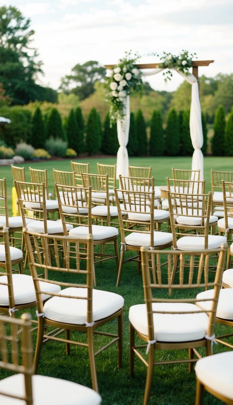 Swivel chairs arranged in a semi-circle for a picturesque backyard wedding ceremony seating arrangement