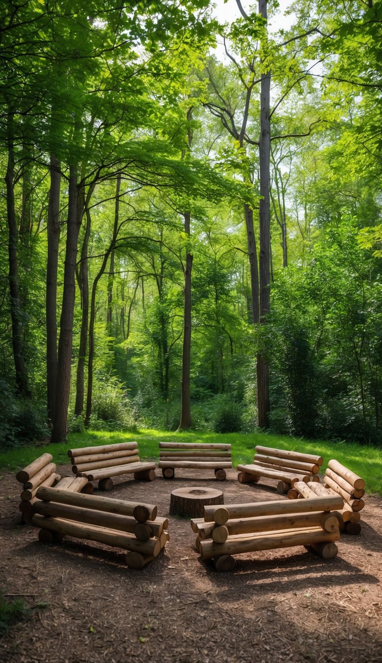 A serene woodland clearing with log seating arranged in a semi-circle, surrounded by lush greenery and dappled sunlight filtering through the trees