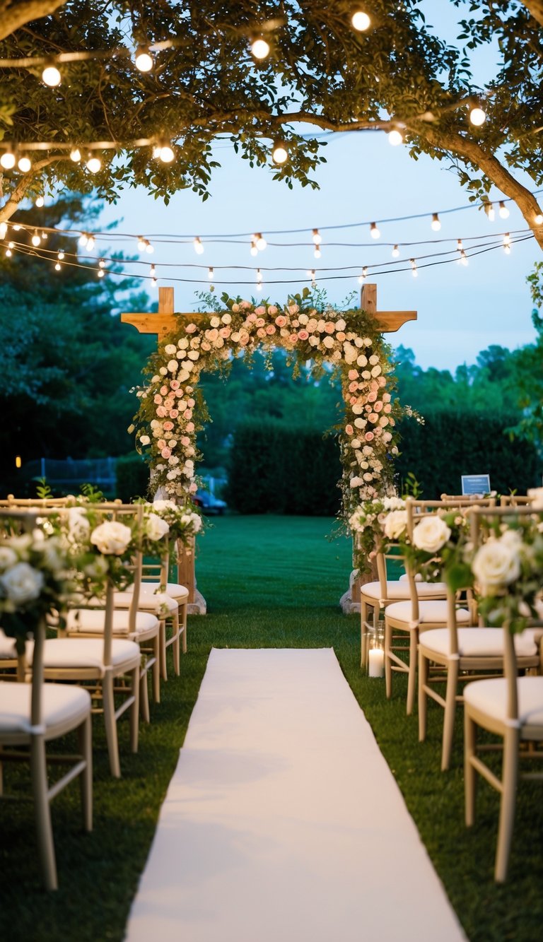 A picturesque backyard wedding ceremony with elegant seating arrangements under a floral archway and twinkling string lights