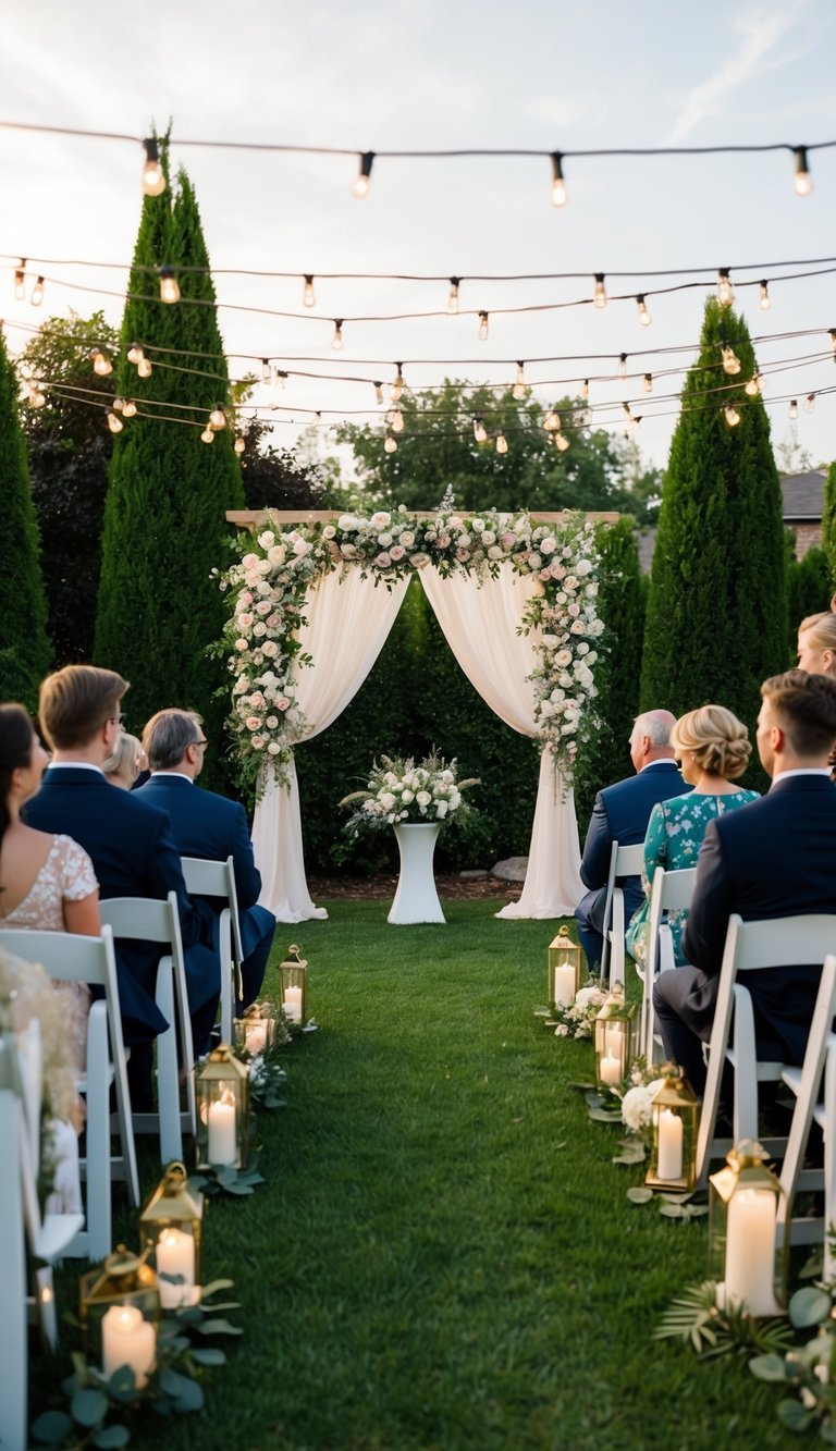 A backyard wedding ceremony with elegant seating arrangements under a floral arch, surrounded by twinkling lights and personalized decor