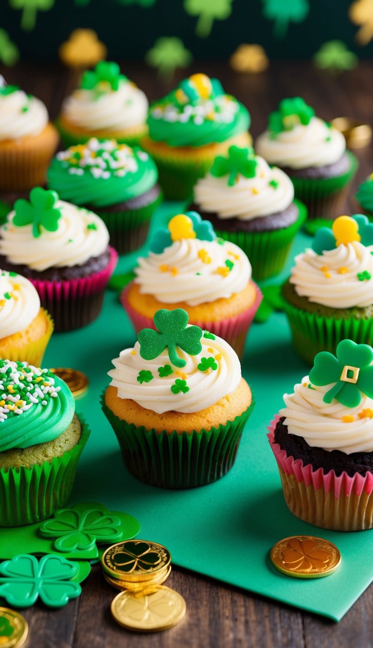 A colorful array of St. Patrick's Day cupcakes arranged on a festive table with clover decorations, rainbow sprinkles, and gold coin accents