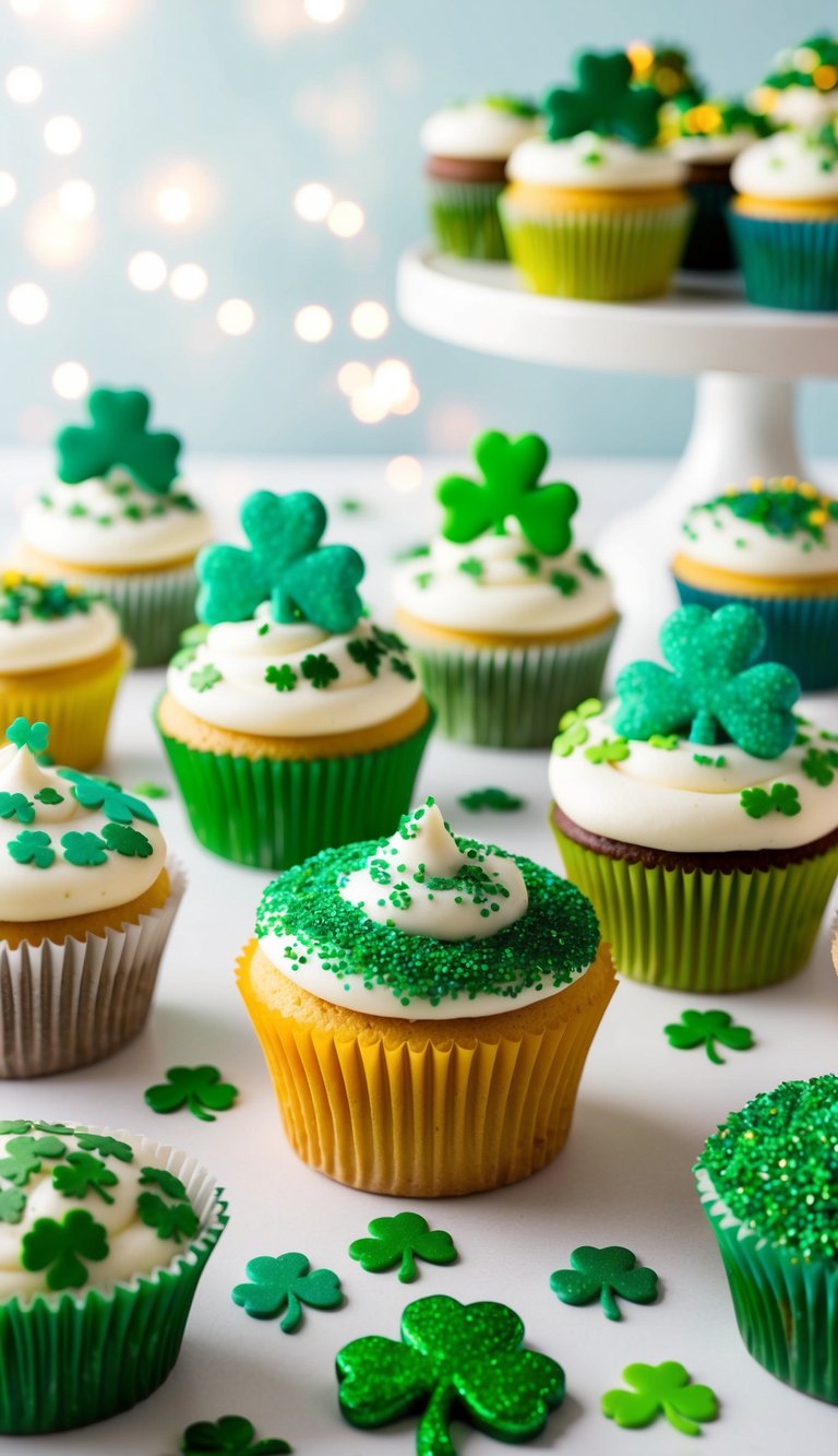 A festive table with a variety of St. Patrick's Day cupcakes adorned with shamrock-shaped sugar sprinkles in different patterns and colors