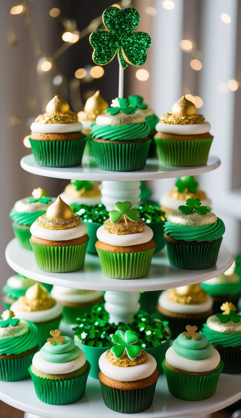 A festive St. Patrick's Day cupcake display featuring gold luster dust, shamrock decorations, and green frosting in various unique designs