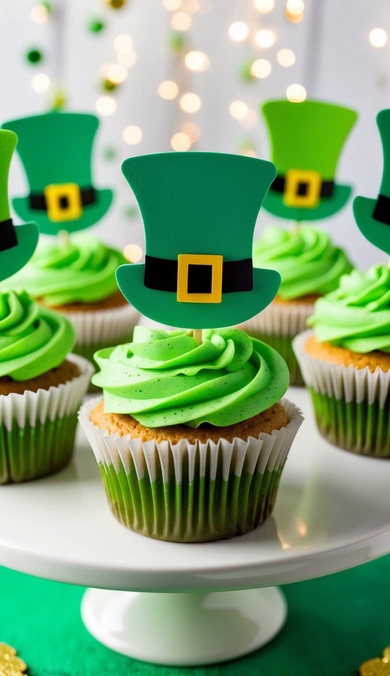 Leprechaun hat cupcake toppers arranged on a festive St. Patrick's Day cupcake display