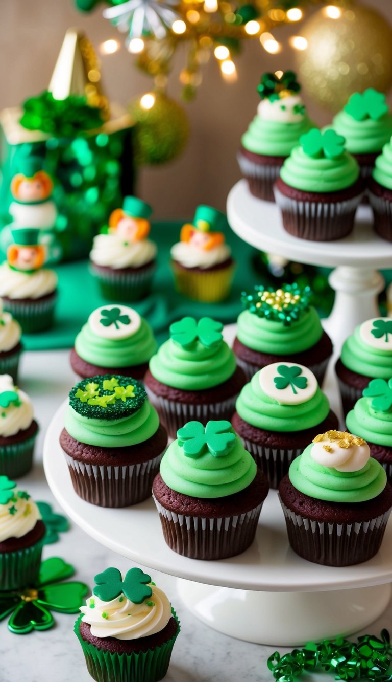 A table with a variety of green velvet cupcakes, each uniquely decorated with St. Patrick's Day themed designs, surrounded by festive decorations