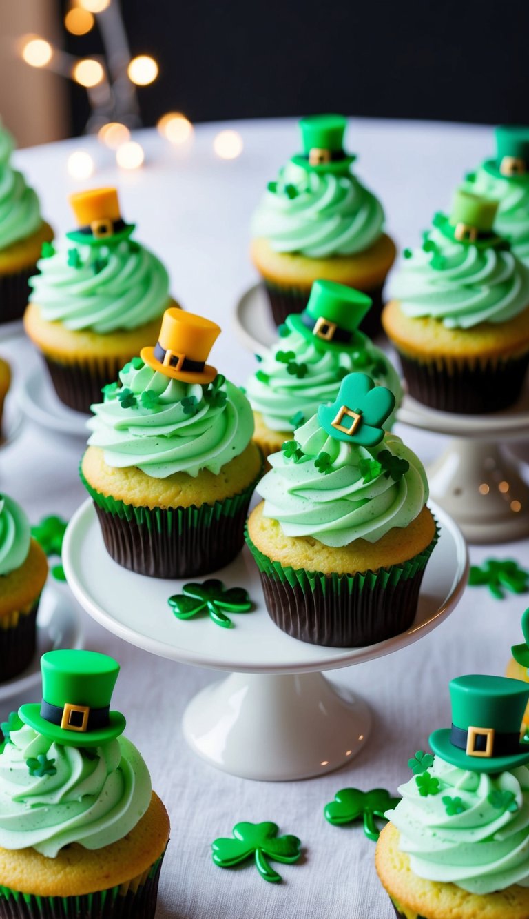 A table adorned with St. Patrick's Day cupcakes topped with mint buttercream frosting in various unique decorative styles