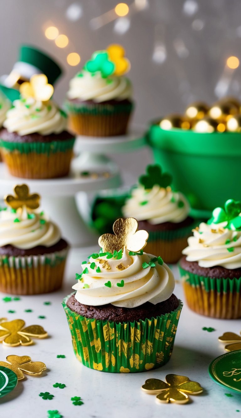 A festive cupcake display with edible gold leaf decorations and St. Patrick's Day themed elements