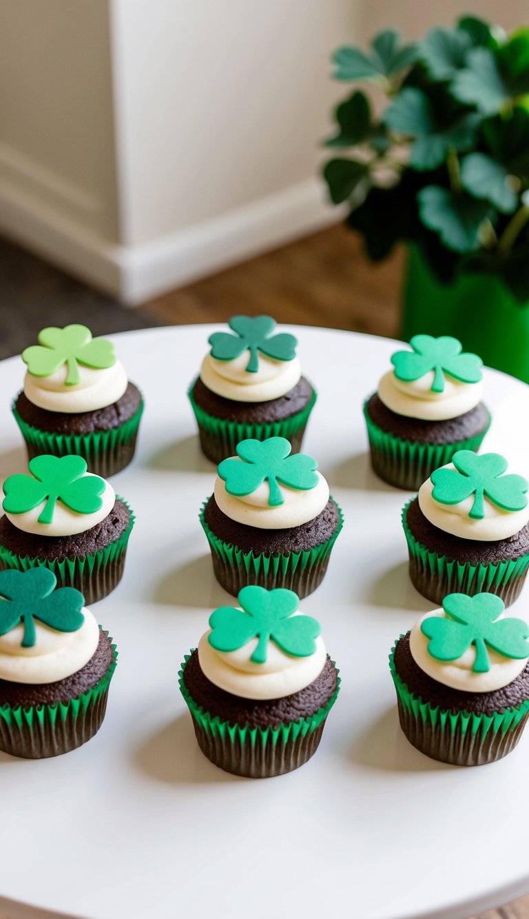 A table with cupcakes arranged in a circle, each topped with a different design using four-leaf clover stencils