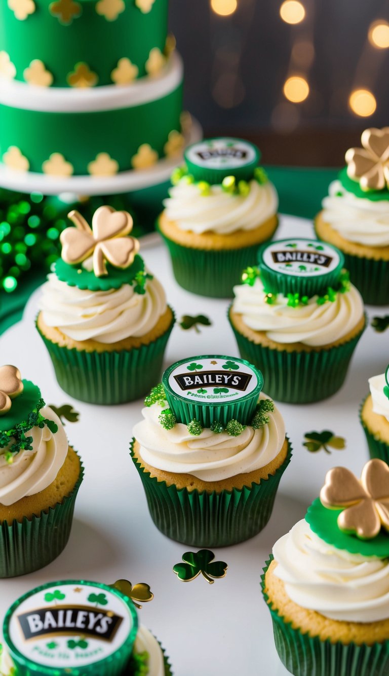 A table set with St. Patrick's Day cupcakes topped with Baileys Irish Cream filling, each decorated in a unique way. Green and gold accents add to the festive display