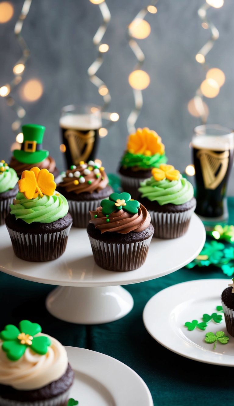 A table with a variety of decorated Guinness chocolate cupcakes, each with a unique St. Patrick's Day theme