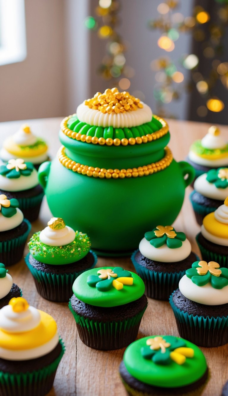 A festive table with a marzipan pot of gold surrounded by 17 decorated St. Patrick's Day cupcakes