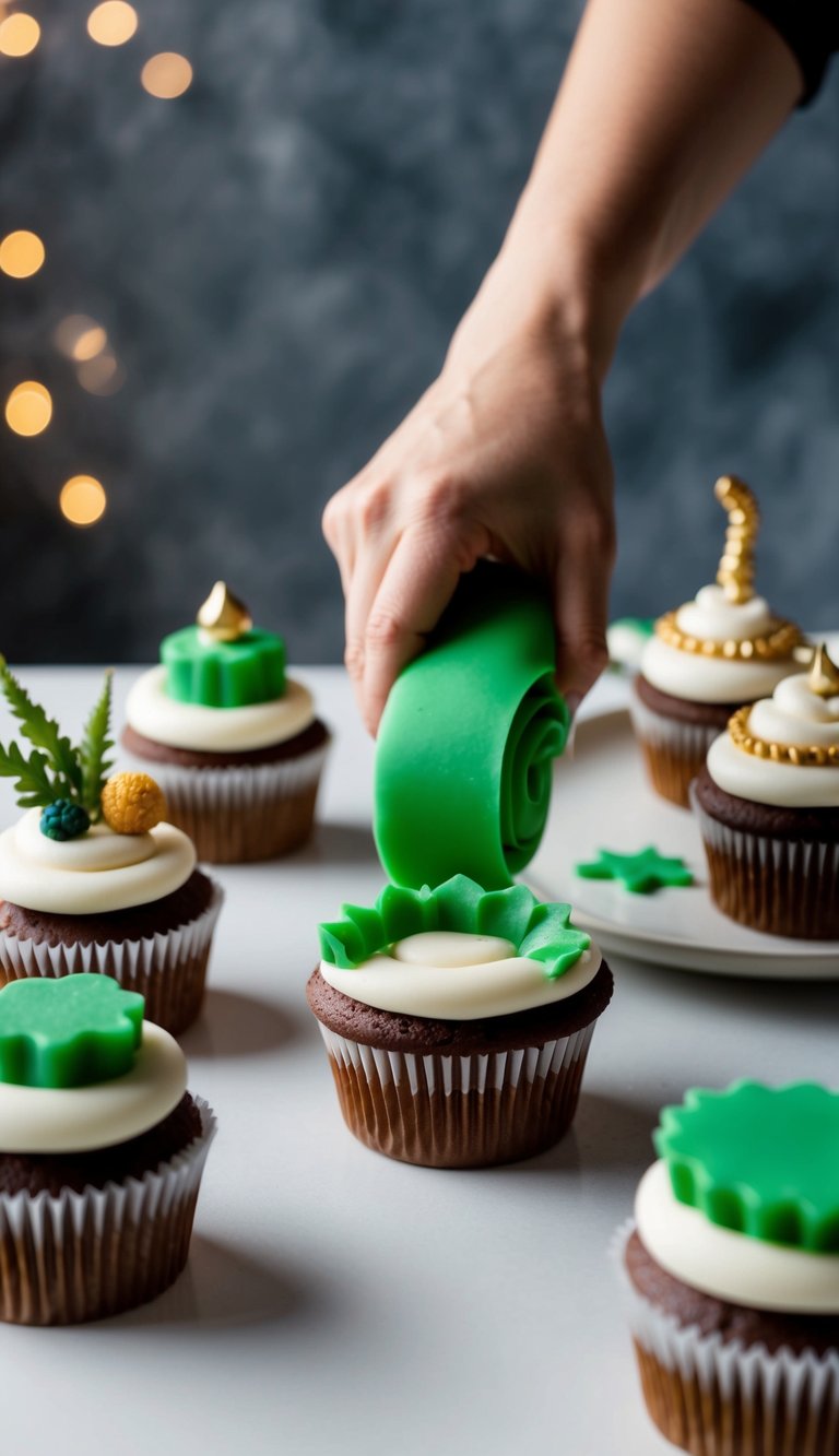 Green fondant being rolled out and cut into various shapes, then carefully placed on top of cupcakes with different decorative elements