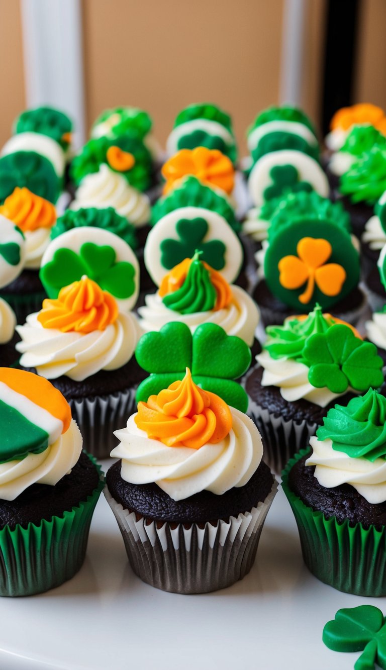 A table filled with cupcakes topped with various designs of green, white, and orange icing resembling the Irish flag